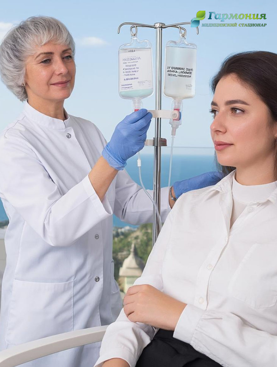 Врач и пациент с капельницей на фоне берега Караганды