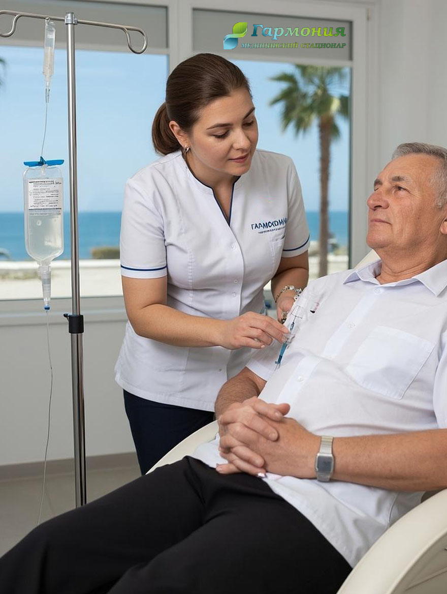 Врач и пациент с капельницей на фоне берега Караганды