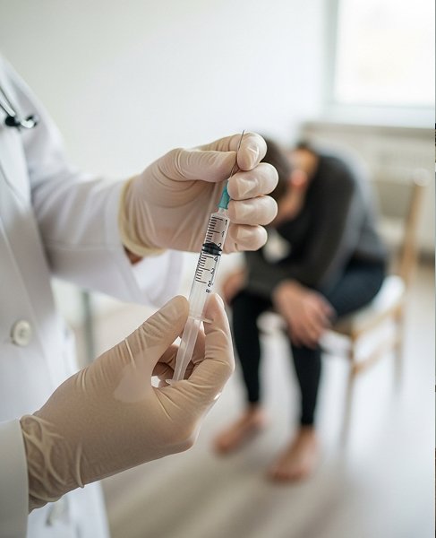 Медсестра держит шприц в руках, сзади сидит пациент