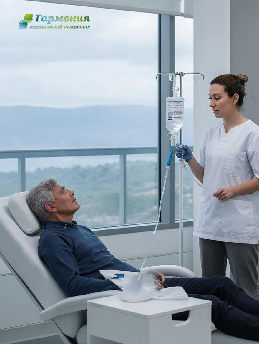 Врач и пациент с капельницей на фоне берега Караганды